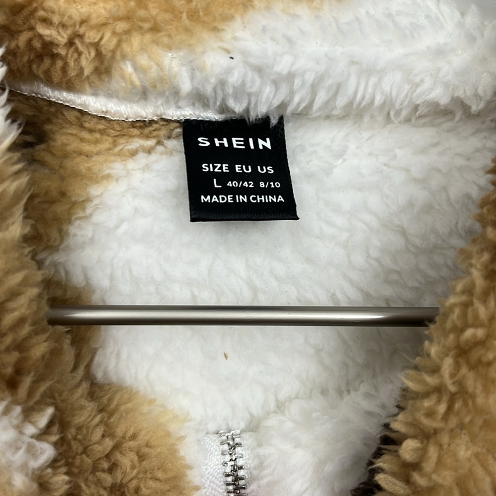 SHEIN Womens Vest Brown/White L Teddy Bear Pattern Full Front Zip Pockets Fleece - Picture 2 of 13